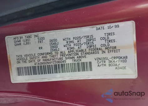 2000 Toyota Tacoma Prerunner V6 z USA, uszkodzony, nr VIN 4TASN92N4YZ596045